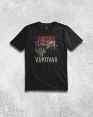 Crna majica s dizajnom Vukovar – Grad Heroj, hrvatska zastava, vodotoranj i križevi