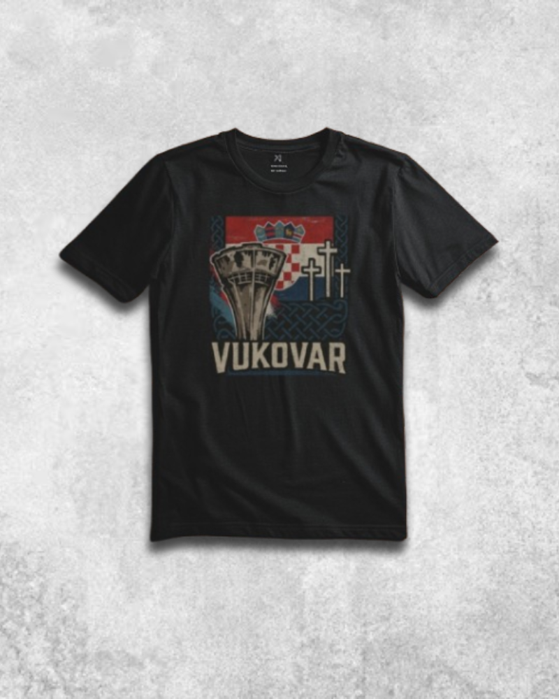 Crna majica s dizajnom Vukovar – Grad Heroj, hrvatska zastava, vodotoranj i križevi